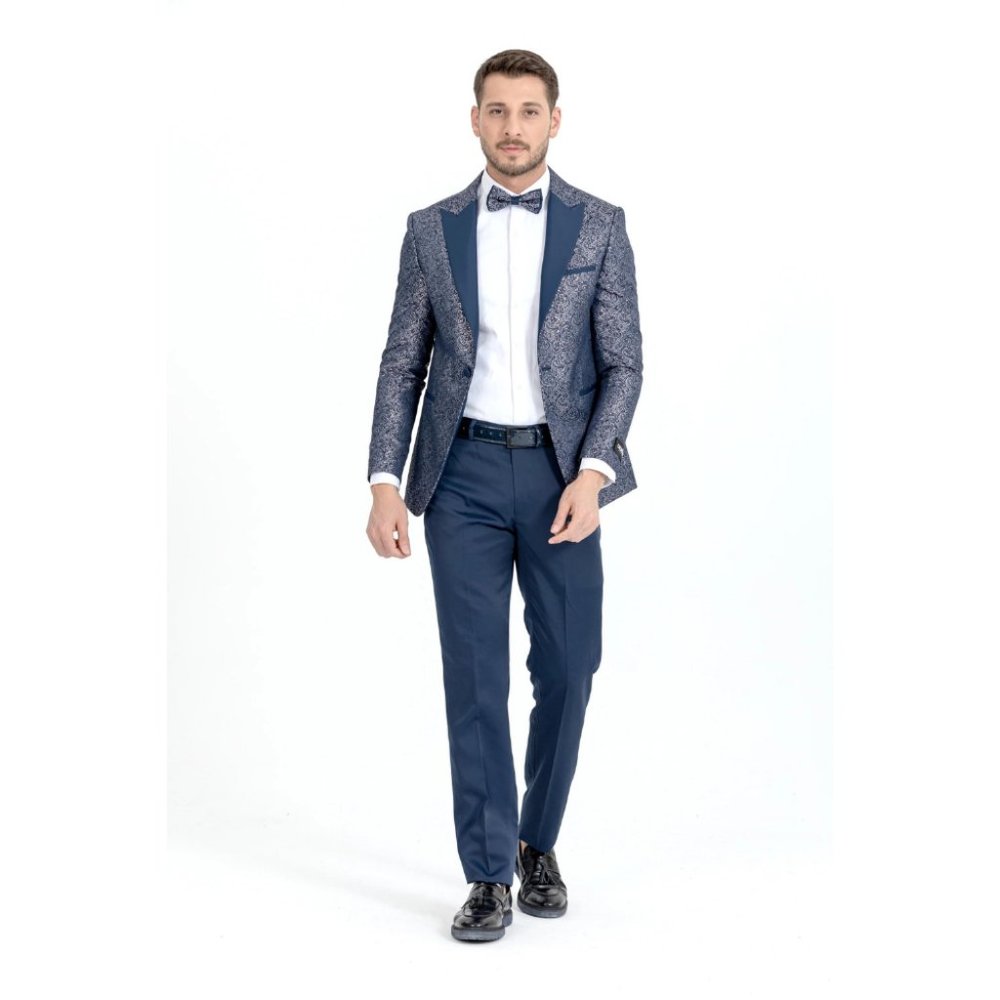 Derman Blue Floral Pattern Textured Fabric Tuxedo